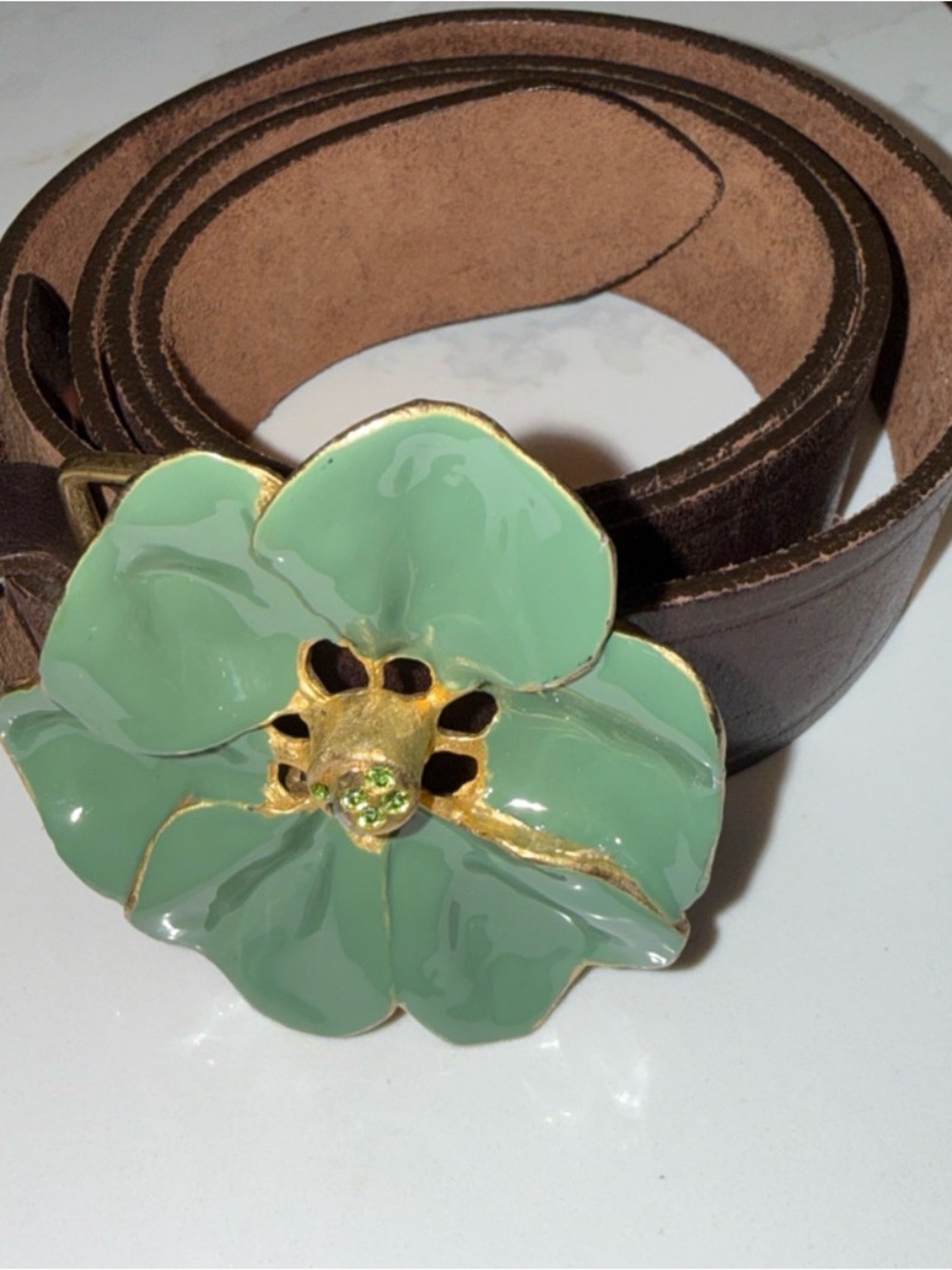 B-Low the Belt Brown Leather Belt with Enameled Green Floral Buckle SZ 32